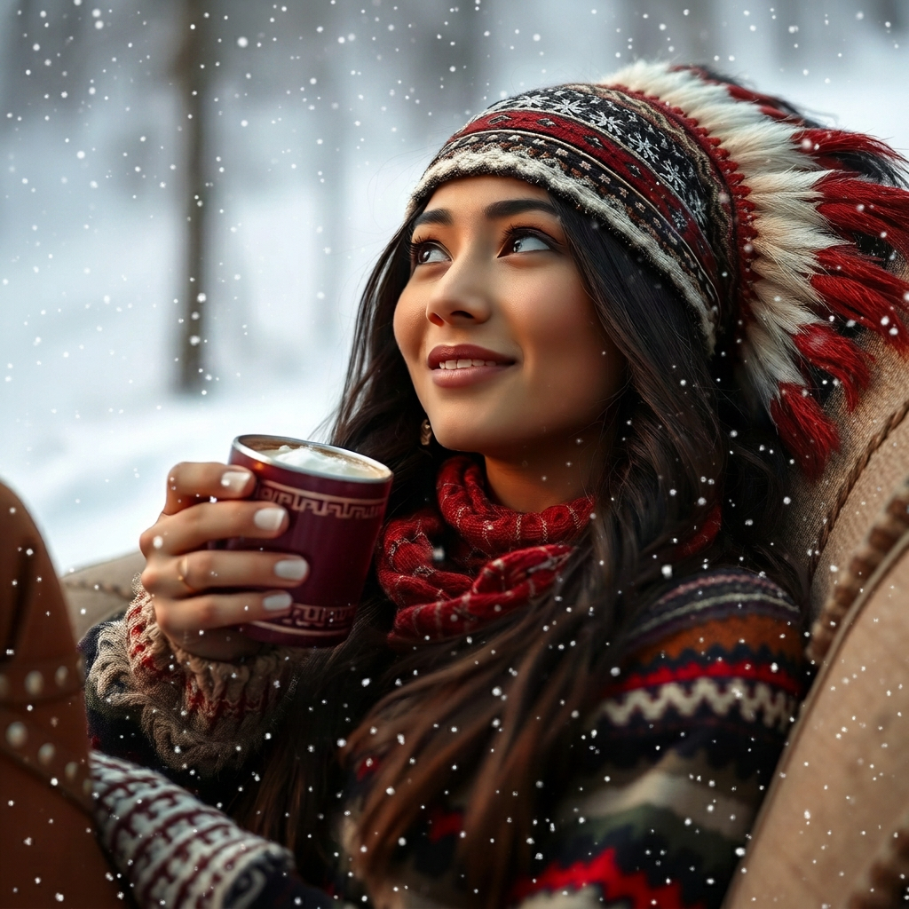 Traveler in a patterned knit sweater and fur-trimmed hat holding a warm mug during snowfall