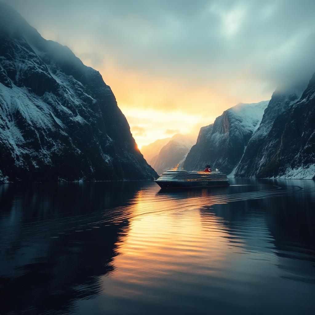 Small expedition cruise ship in a Norwegian fjord at golden hour.