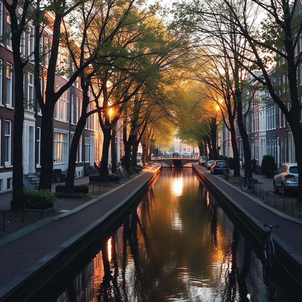 Tree-lined Amsterdam canal at golden hour with a single bicycle reflected in the water.