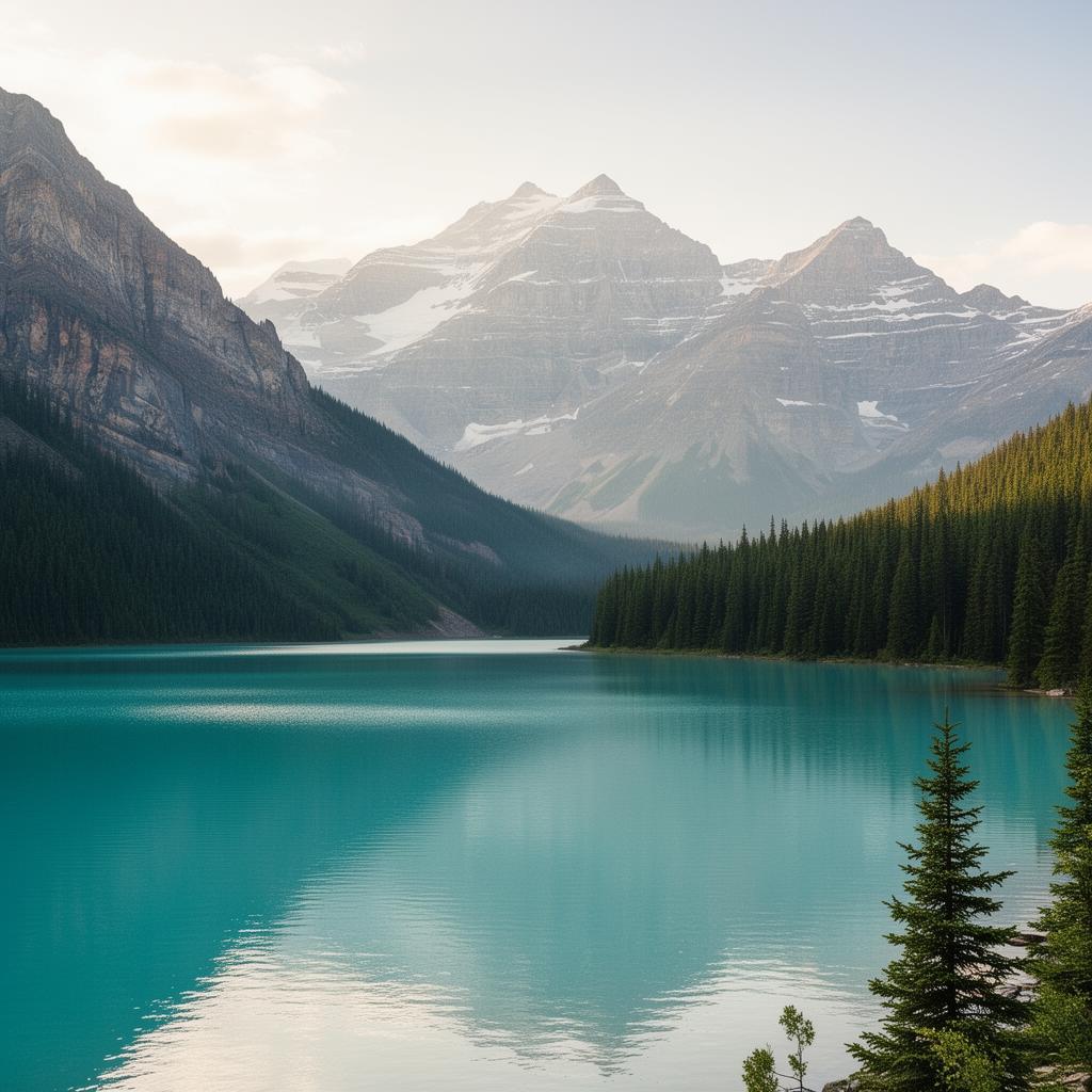 Turquoise Lake Louise reflecting snow-capped Rocky Mountains under soft morning light.
