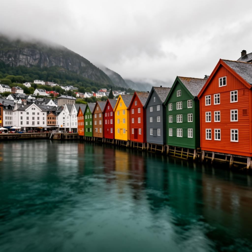 Colorful wooden Hanseatic houses of Bryggen along Bergen's harbor under soft Nordic light.