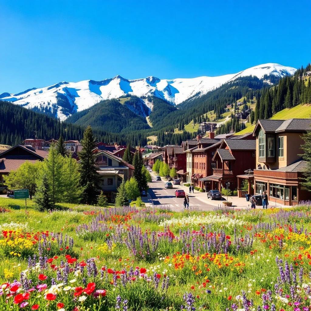 Wildflower meadow above Breckenridge Colorado with snow-dusted Rocky Mountain peaks.