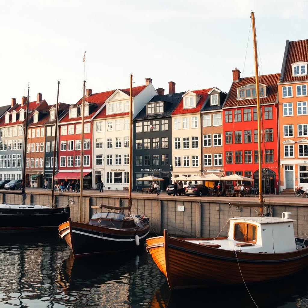 Colorful Nyhavn harbor townhouses in Copenhagen with classic wooden sailing boats.