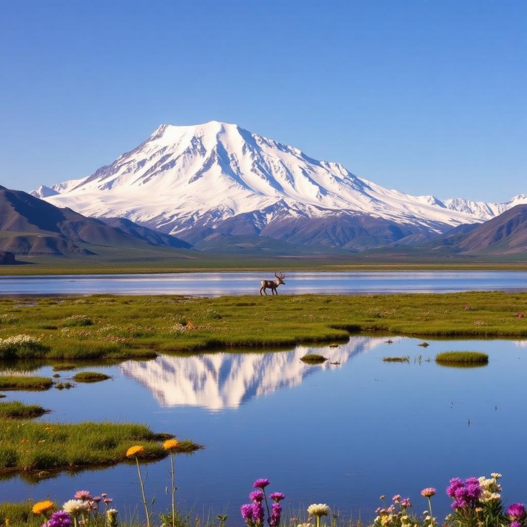 Snow-capped Mount Denali reflecting in a tundra lake with a caribou on wildflower-covered wetlands.