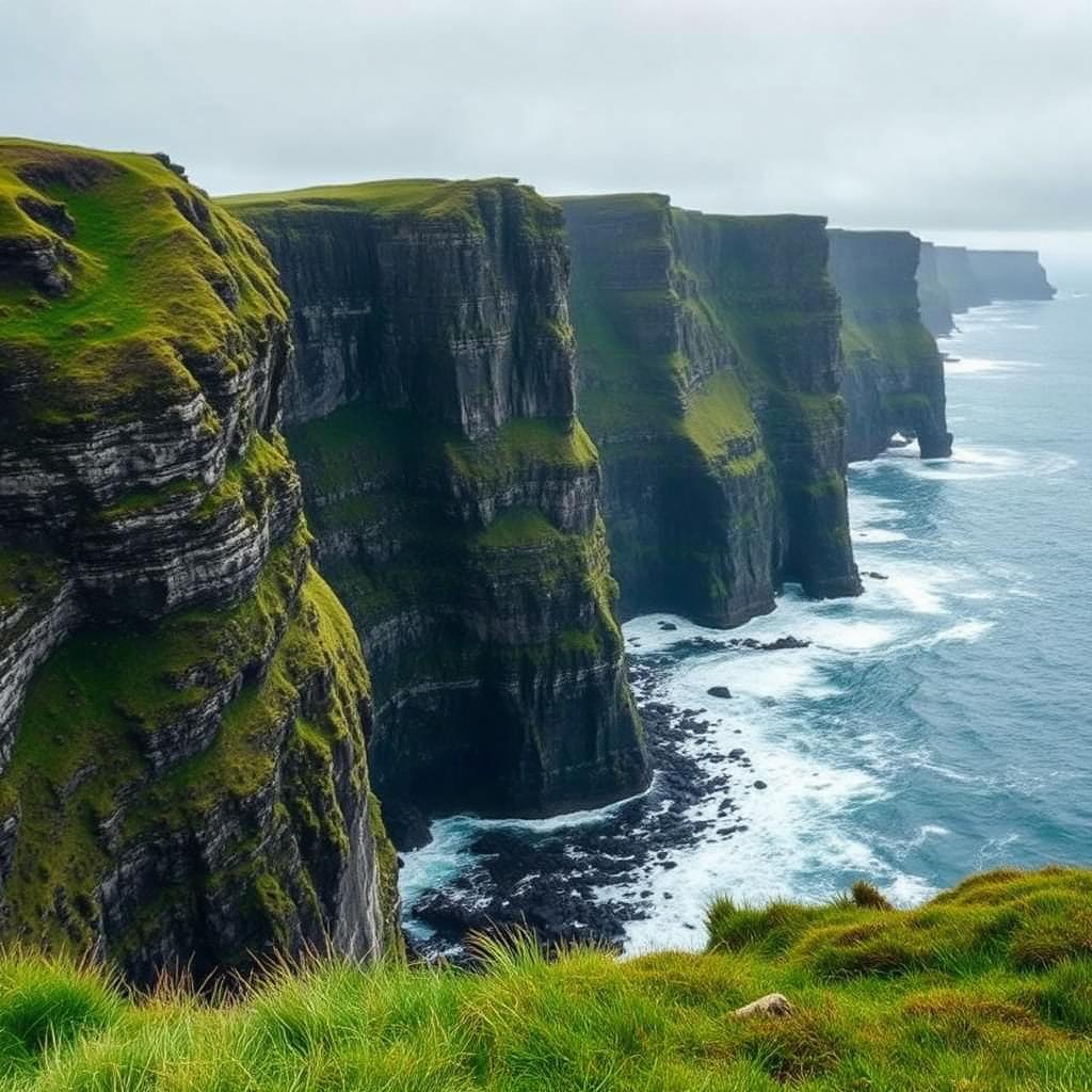Dramatic sea cliffs of County Donegal with emerald headlands above the Atlantic.