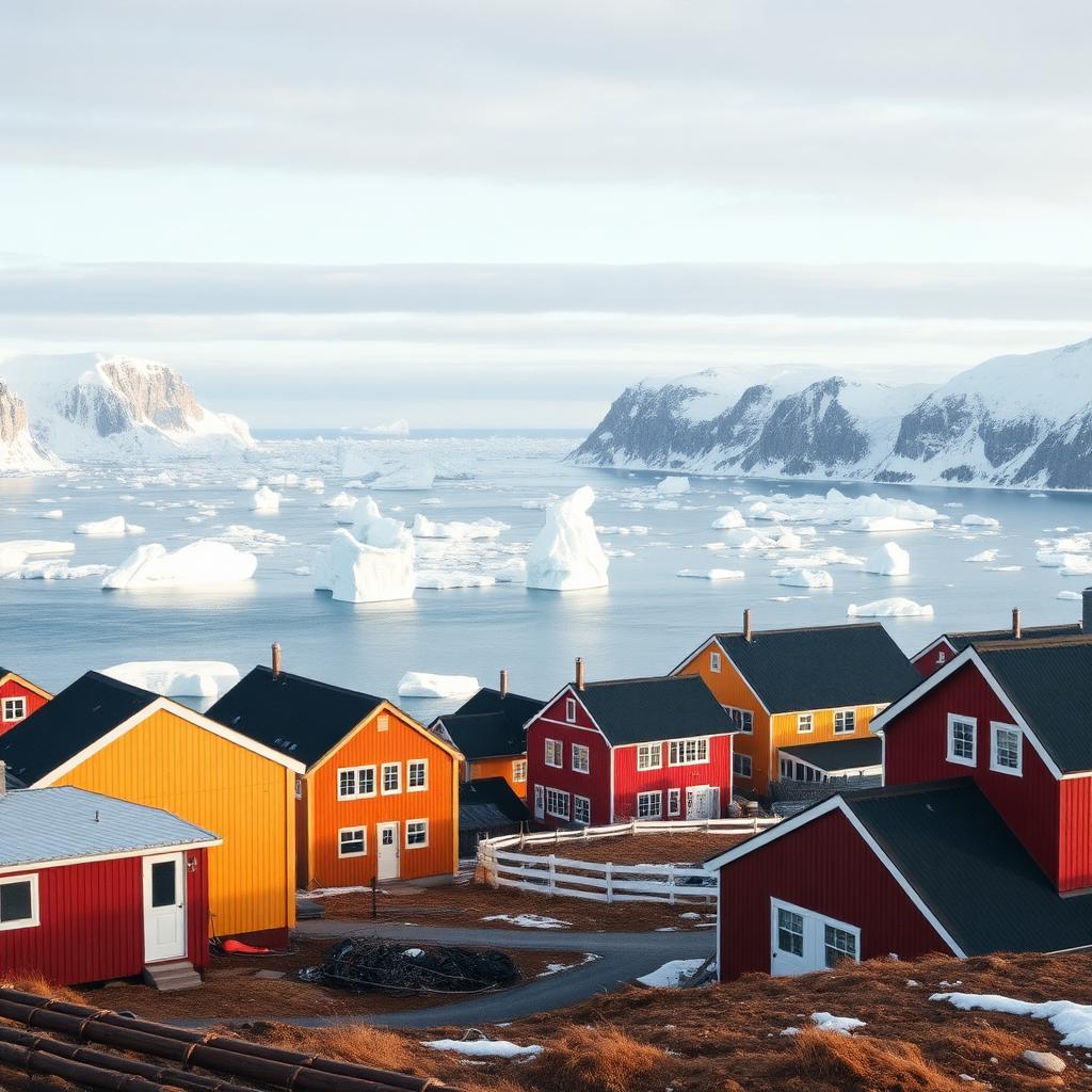 Colorful wooden houses of Ilulissat overlooking an icefjord with drifting icebergs.