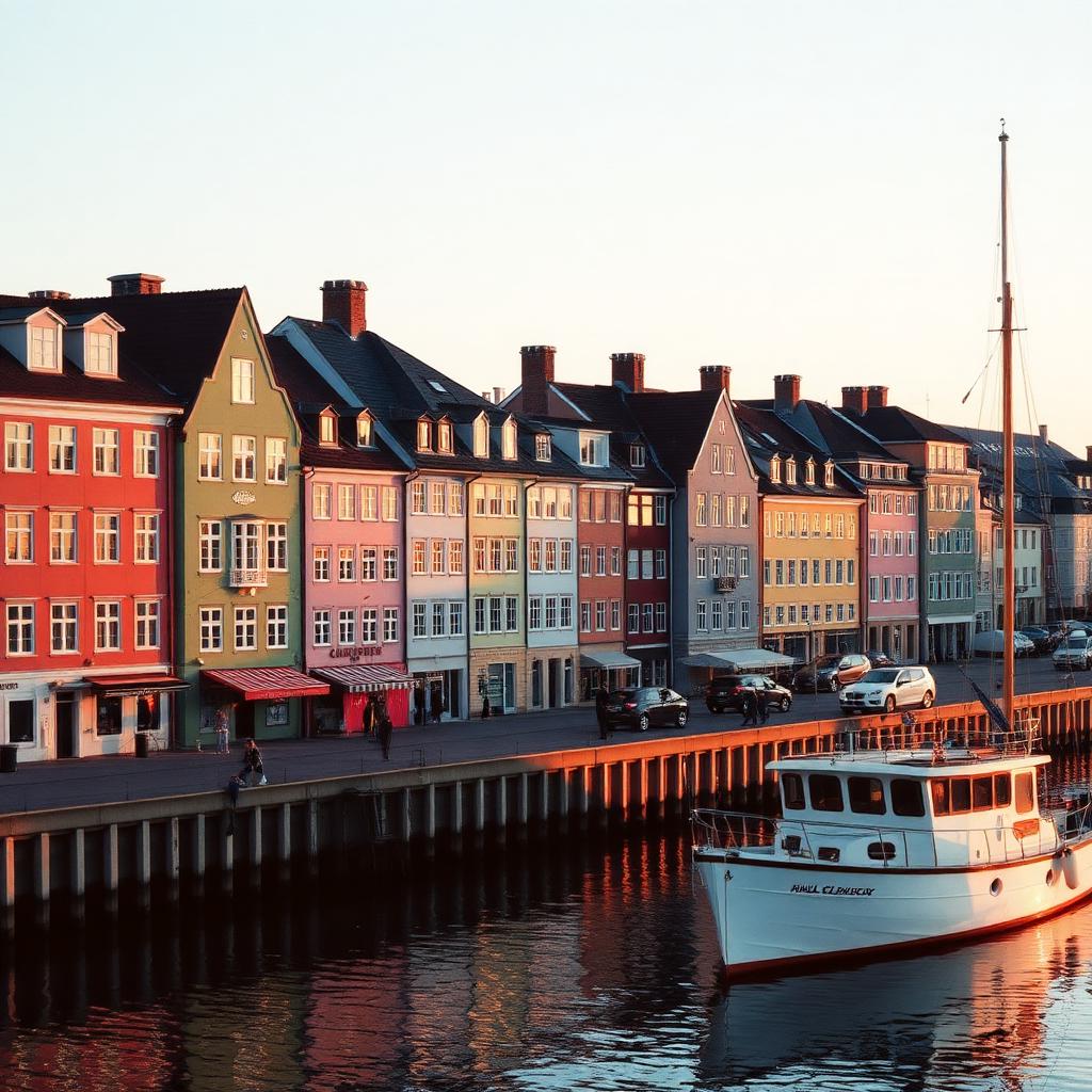 Pastel Nordic buildings along Helsinki's harbor at golden hour with a small wooden boat.