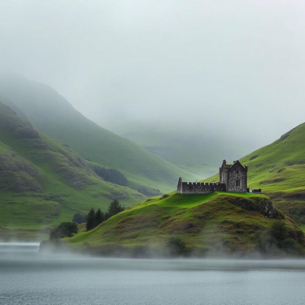 Misty Scottish Highlands with a stone castle beside a still loch under low fog.