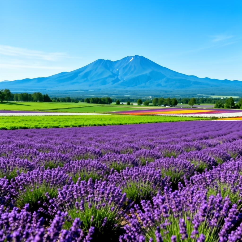 Vast lavender fields of Furano, Hokkaido, with distant mountains under a clear summer sky.
