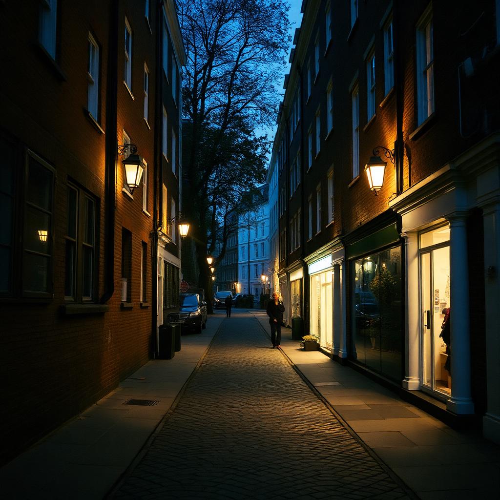 Quiet cobbled London mews at blue hour with glowing lanterns along brick facades.