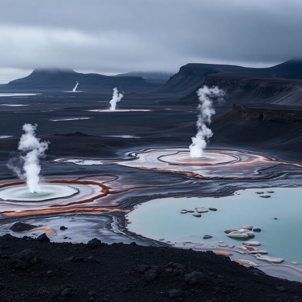 Steaming geothermal vents and volcanic mineral pools of the Mývatn area in Iceland.