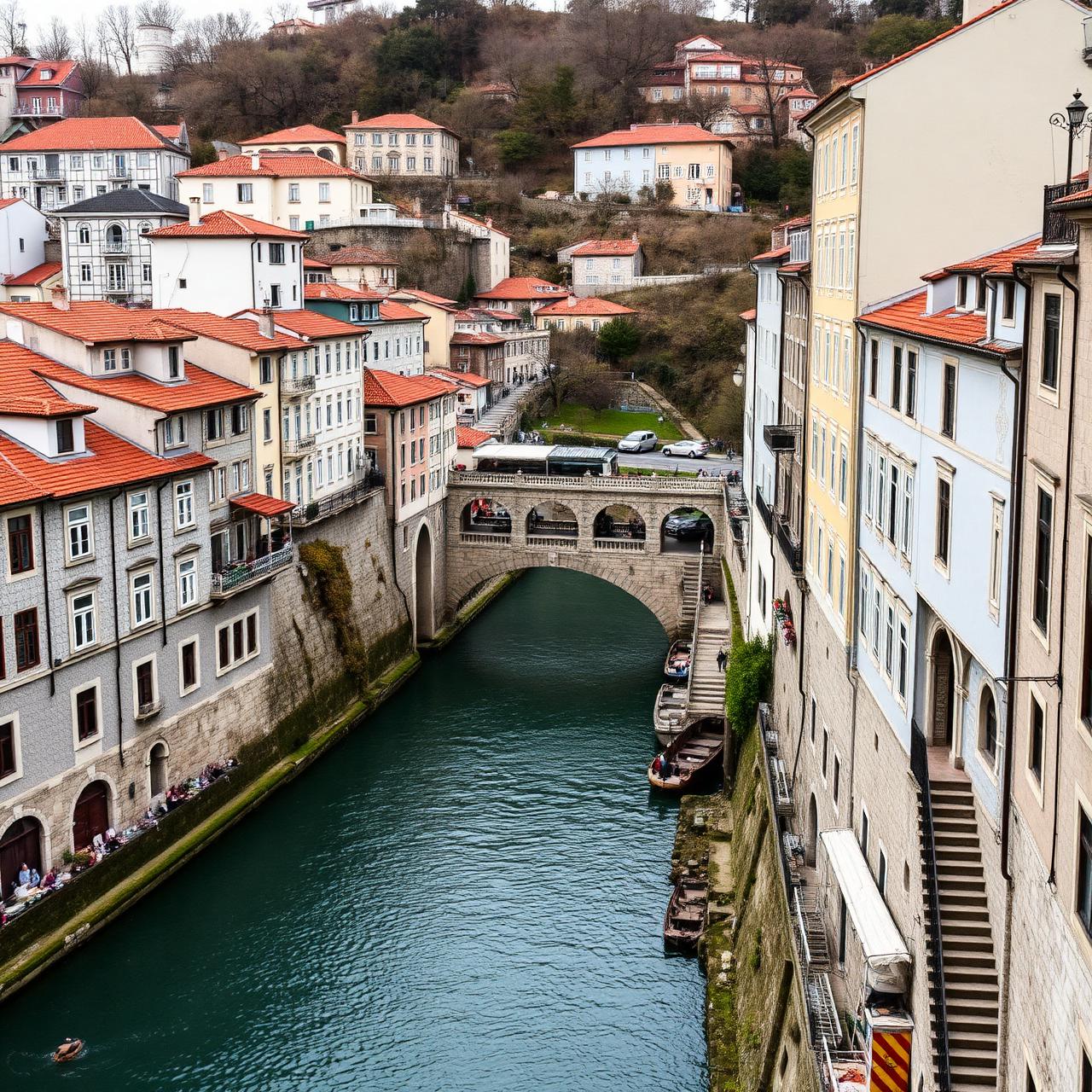 Red rooftops and azulejo-tiled houses tumbling down to the teal Douro river in Porto.