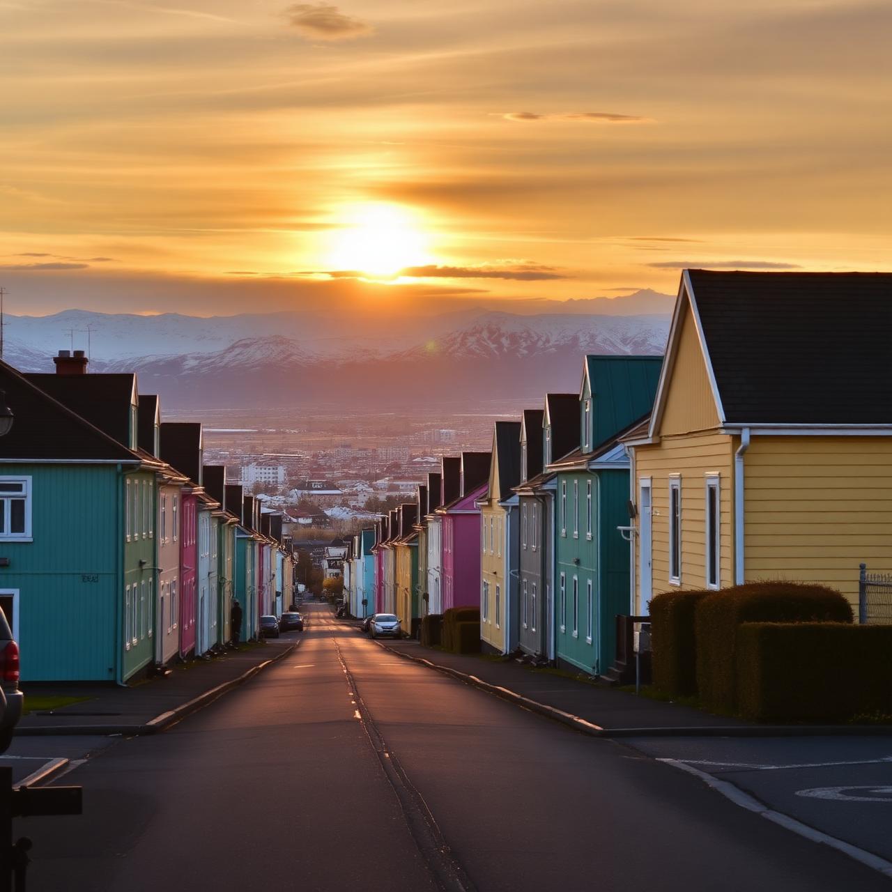 Pastel-painted Nordic houses on a quiet Reykjavik street at golden hour with snow-capped mountains.