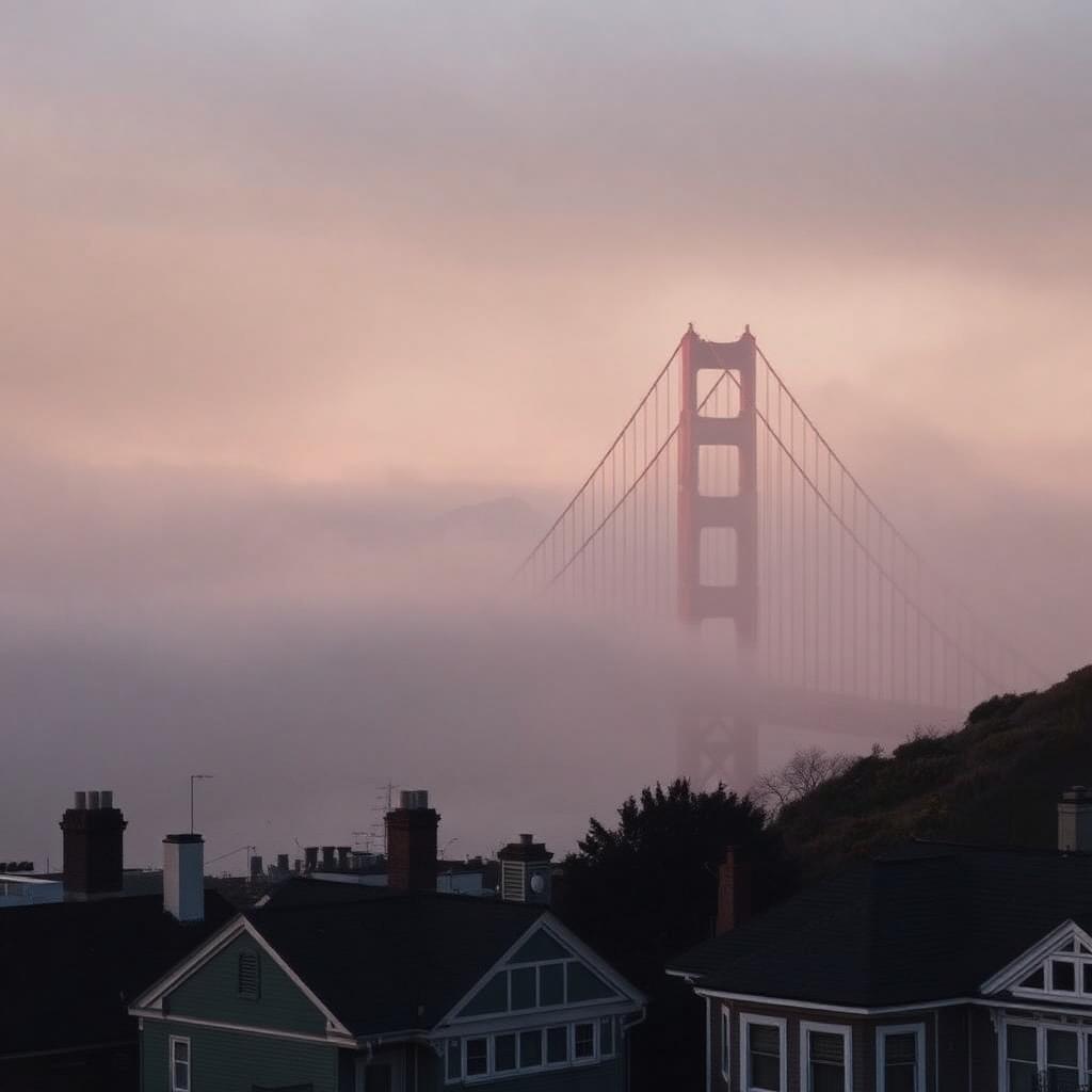 Golden Gate Bridge shrouded in cool ocean fog above San Francisco rooftops.