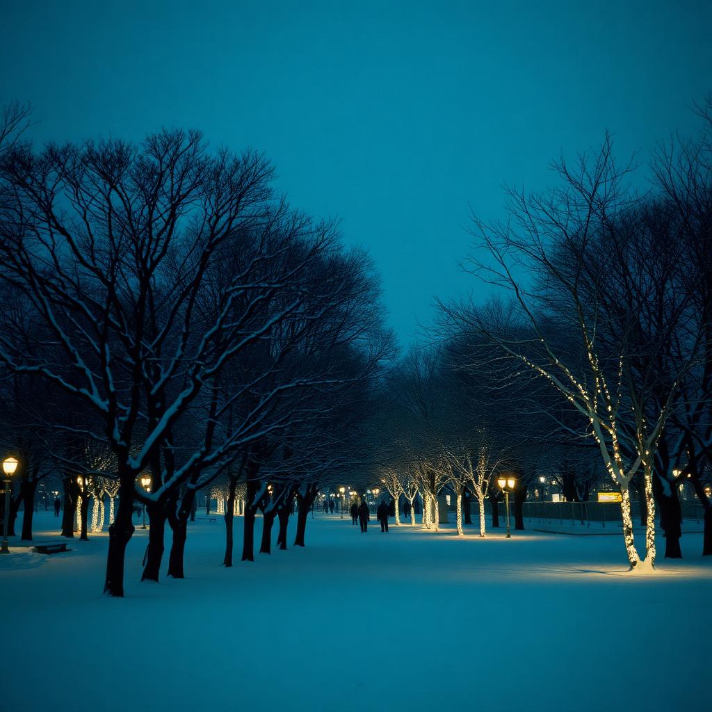 Snowy tree-lined Odori Park in Sapporo at blue hour with glowing illuminations.