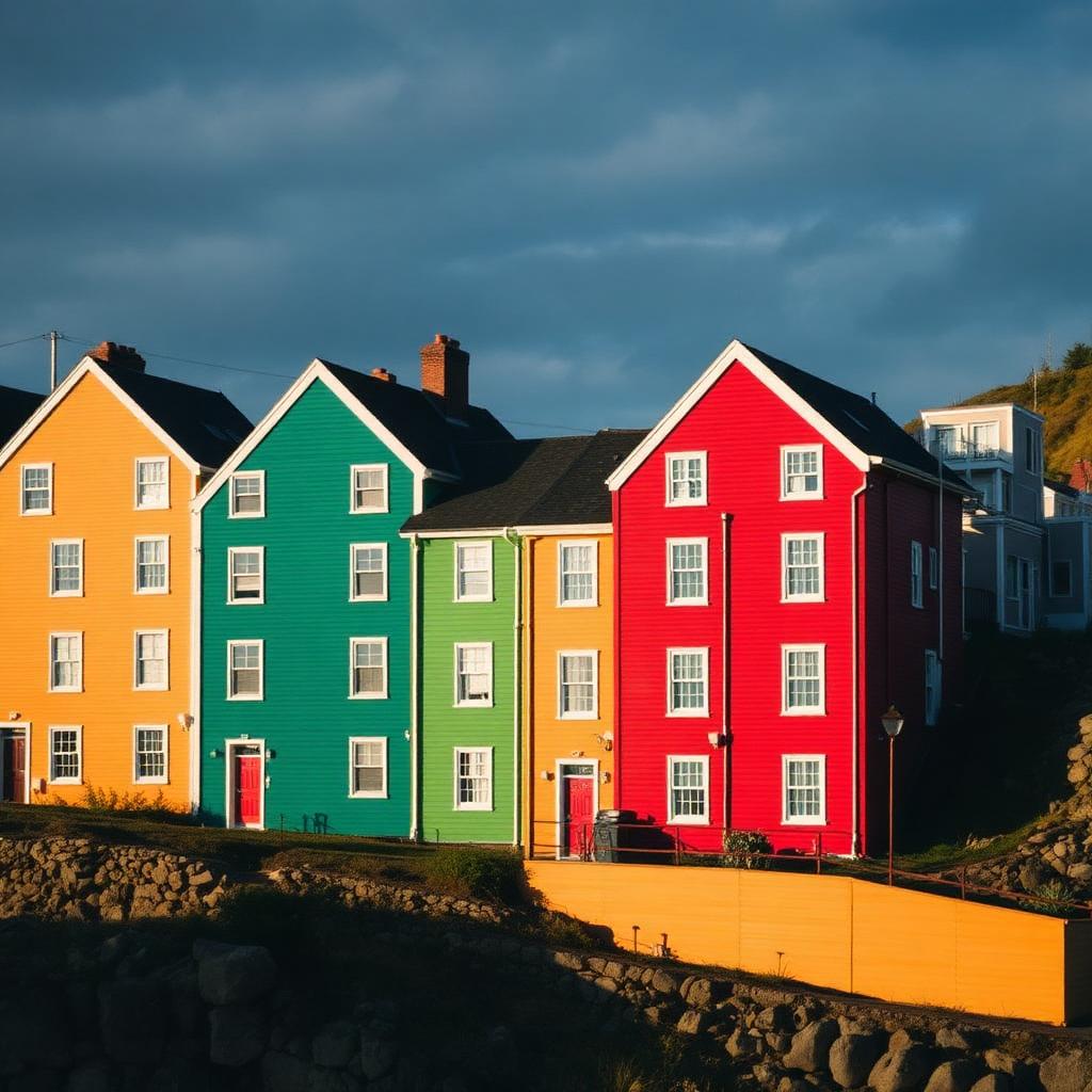 Colorful jellybean row houses on a St John's Newfoundland hillside above the harbor.