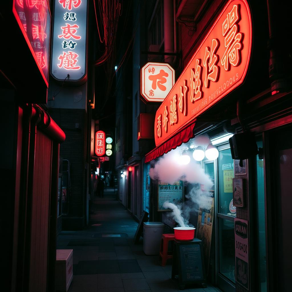Neon-lit Taipei alley with steam rising from a noodle shop at night.