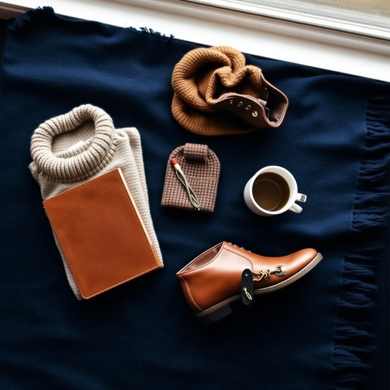 Flat-lay of cool-weather travel gear on a navy wool blanket