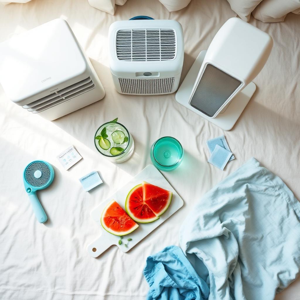 Overhead flat-lay of home cooling essentials: portable AC, tower fan, cucumber water, watermelon, misting fan, cooling towels, and light bedding