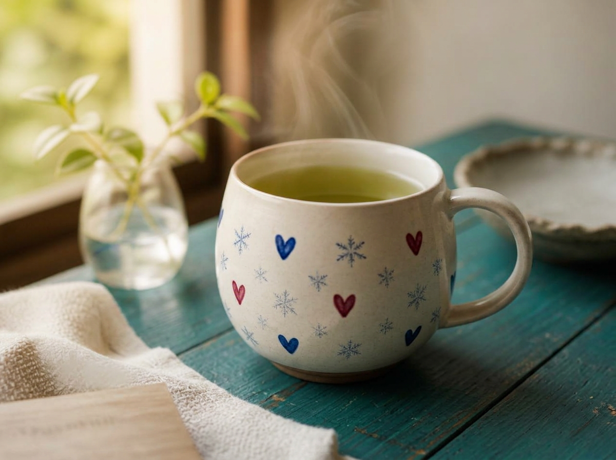 A warm oval ceramic mug of green tea with blue and red hearts and tiny ice crystals, resting on a teal wooden windowsill.